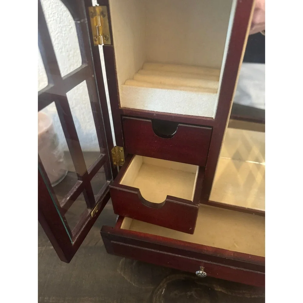 Vintage Wooden Jewelry Armoire Cherry Finish Glass Doors Necklace Carousel Box